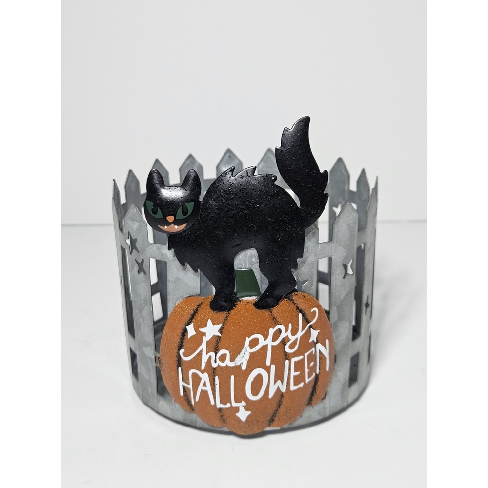 Kohl's Celebrate Halloween Together Black Cat Pumpkin Candle Holder Metal Fence